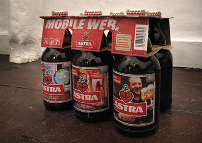 LassalMedia – Astra Beer 6pack showing some of the "Mobile Web" Campaign labels.