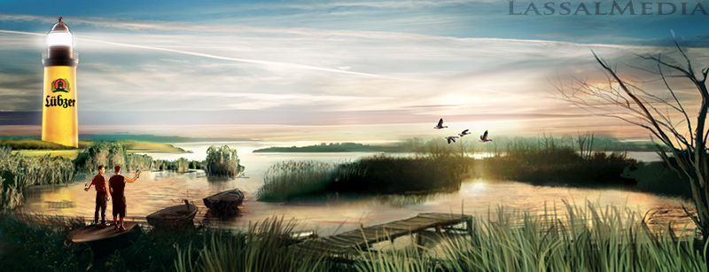 LassalMedia – photorealistic key visuals for Lübzer Beer – nature shot with lake at sunrise