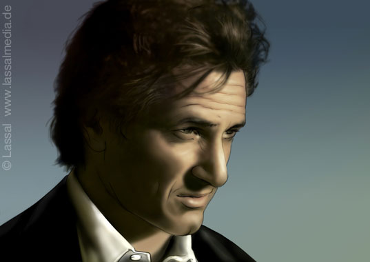 LassalMedia – realistic key visual (layout illustration) for a pitch – based on a photograph of Sean Penn provided by the agency.