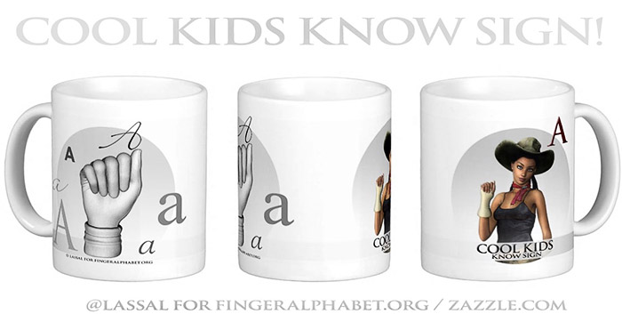 LassalMedia – Merchandising for FingerAlphabet.org (several mugs with ASL sign for the letter A)