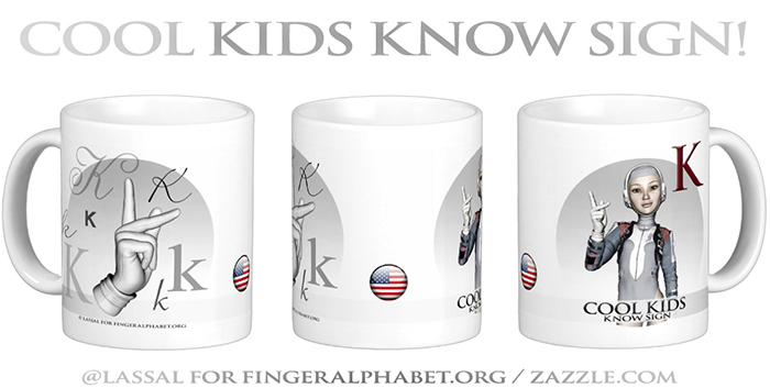 LassalMedia – Merchandising for FingerAlphabet.org (several mugs with ASL sign for the letter K)